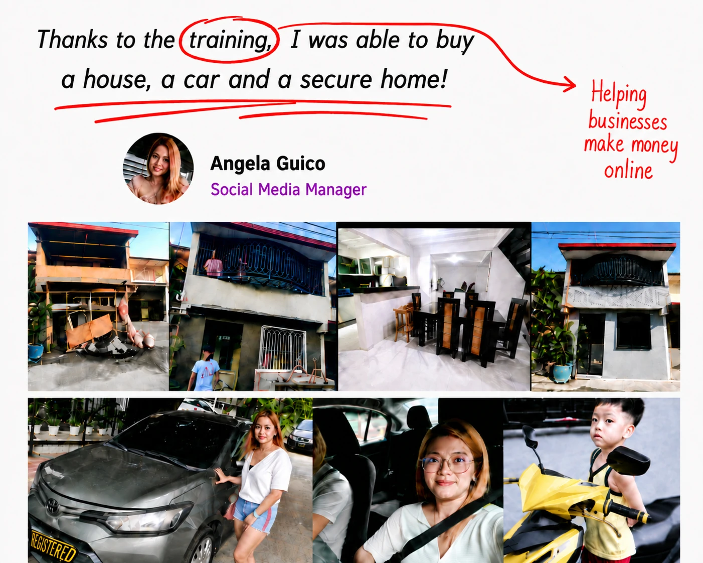 Angela Guico testimonial about buying a house and car and securing a home after the training