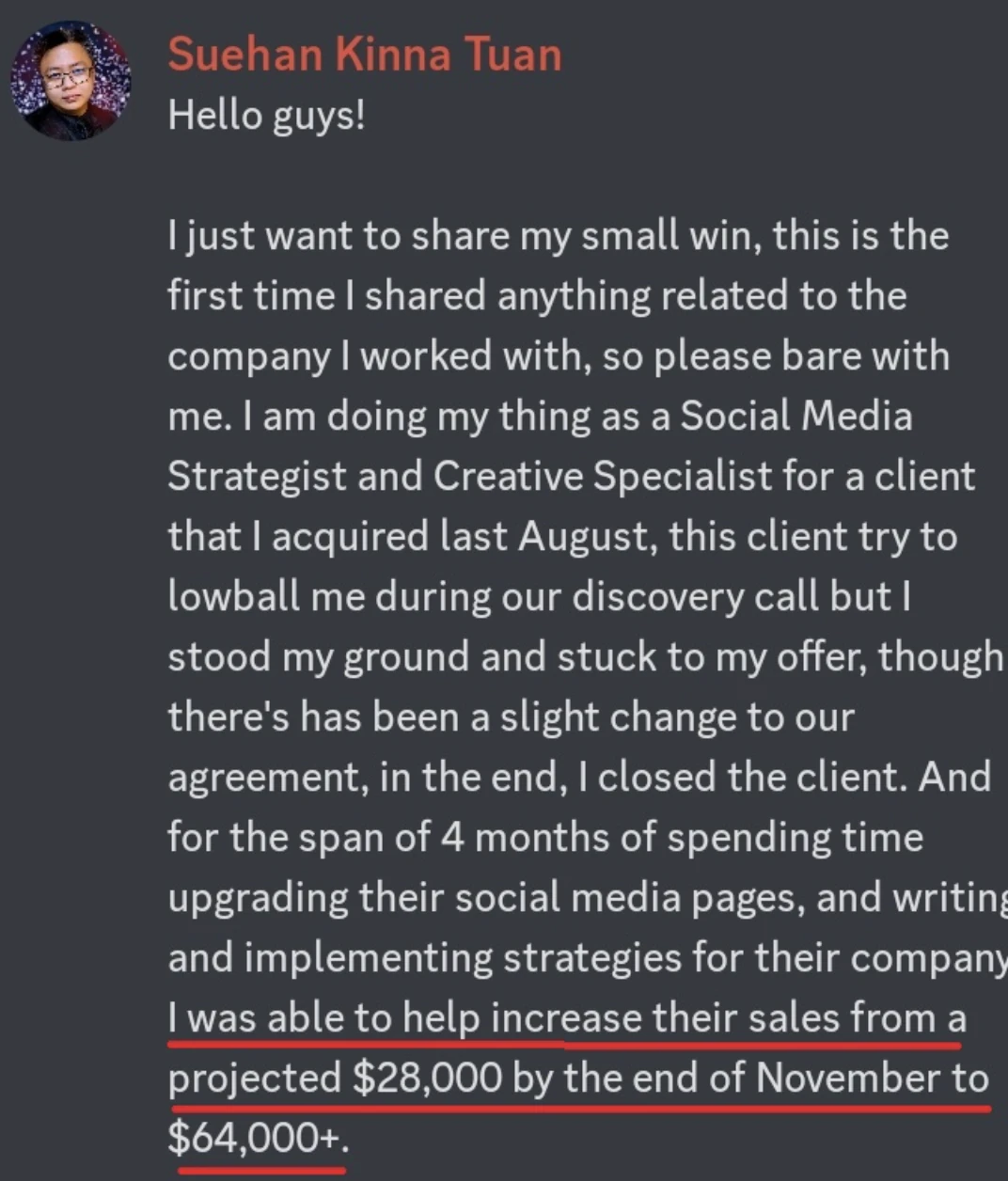 Detailed student testimonial shared in the source document