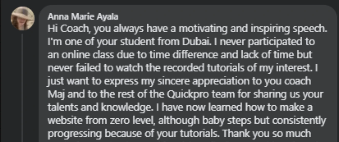Student testimonial thanking the coaching team